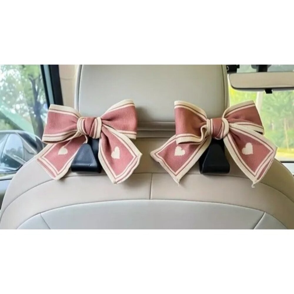 Pink Heart Bow Car Headrest Decorations - Set of 2